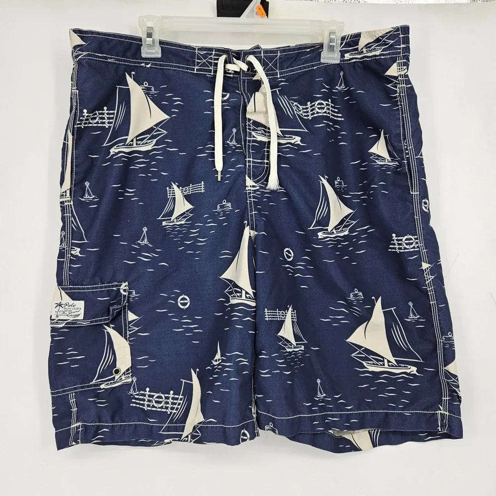 Polo Ralph Lauren Board Shorts‎ Mens Large Blue Sails AOP Summer Liner Beach